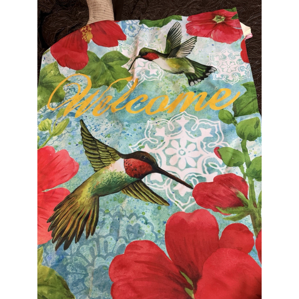 Elena Vladykina 2015 Hummingbird Flower Welcome House & Garden Flag 29x43 Fabric - Picture 7 of 7